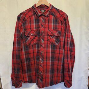 Rock & Republic Button-Up Roll Tab Shirt Men's XXL Red Plaid Long Sleeve Pockets